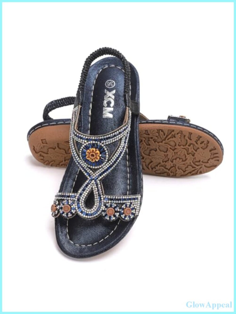 Bohemian Rhinestone T-Strap Elastic Ankle Strap Flat Sandals